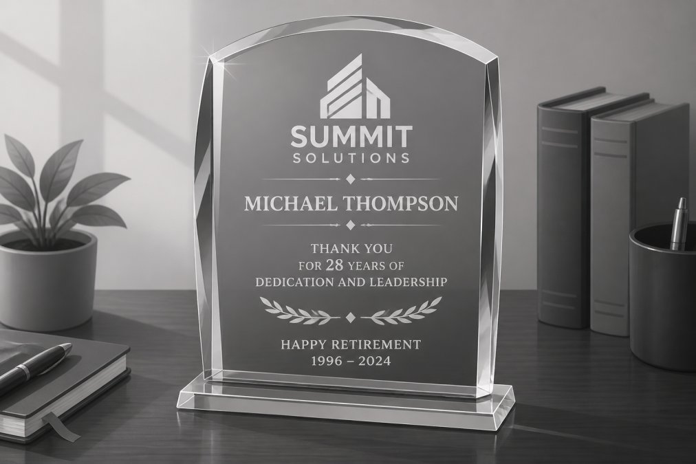 Close-up of an engraved crystal plaque displayed on a mahogany desk with warm afternoon lighting, showing personalized text and a professional company logo etched into the surface