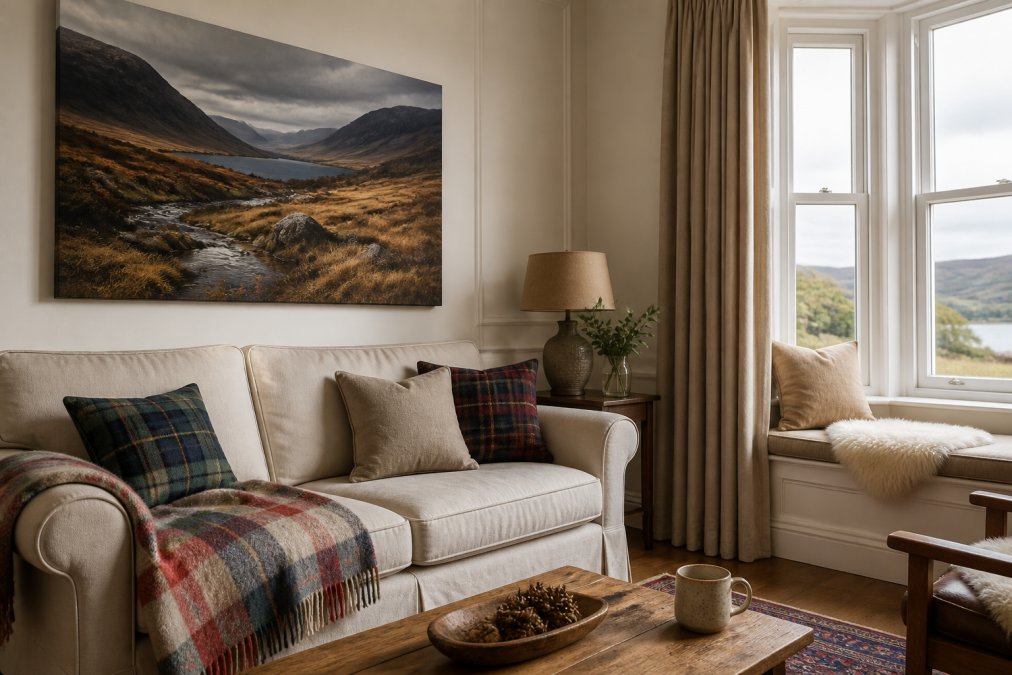 A cozy living room with a large highland landscape canvas print above a linen sofa, styled with tartan cushions and a soft wool throw, natural light falling from a bay window