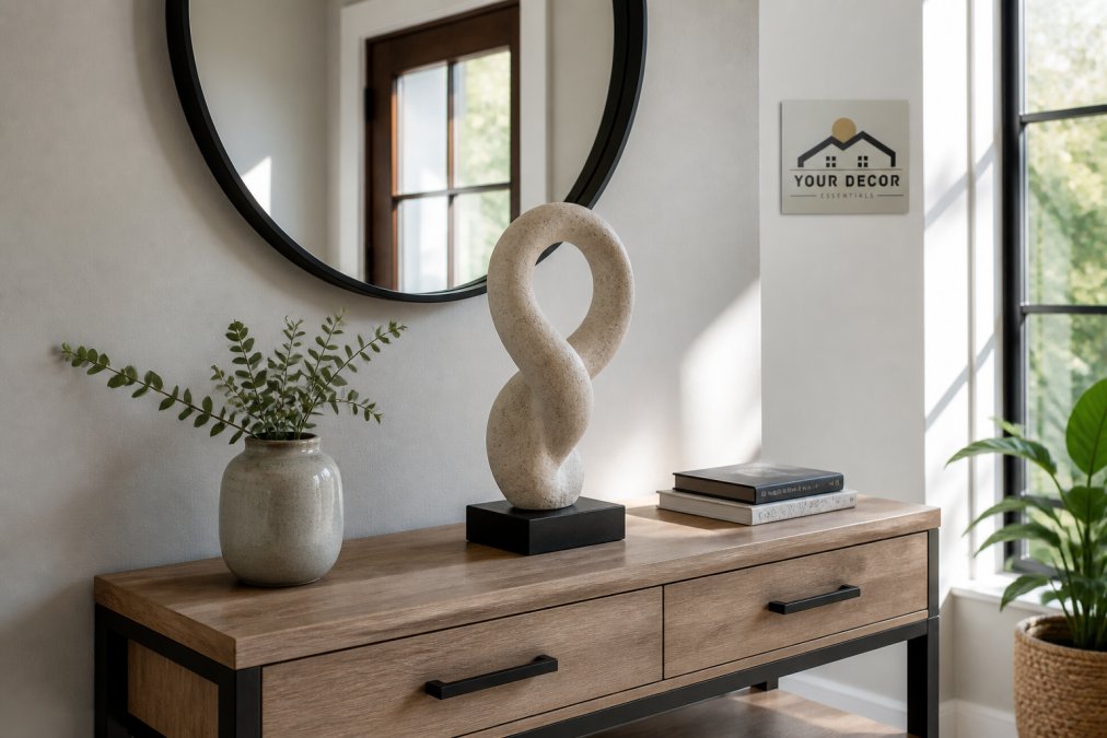 A bright modern entryway with a handcrafted abstract resin sculpture on a console table, styled with a small vase and a stack of books, natural light streaming through a nearby window