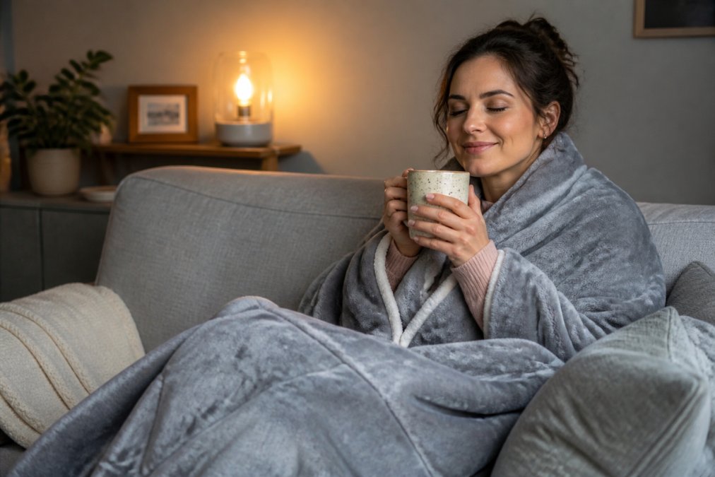Person wrapped in a soft electric blanket on a sofa, holding a warm drink, relaxed posture in a comfortable home setting with warm ambient lighting