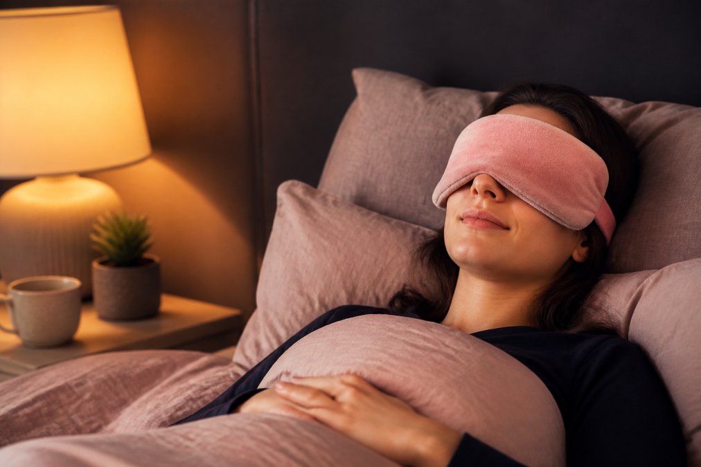 Person wearing a heated eye mask, lying down in a calm bedroom with soft warm lighting, completely relaxed expression, peaceful environment