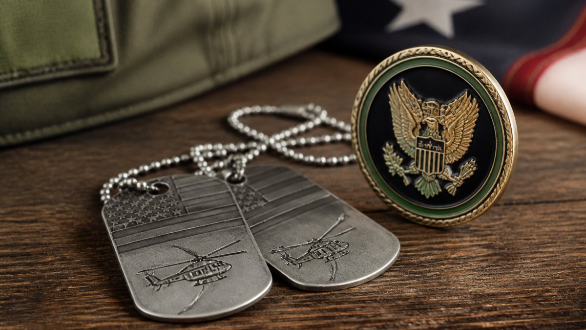 Close-up of engraved military dog tags and a custom challenge coin displayed on a wooden surface with unit insignia visible in soft natural lighting