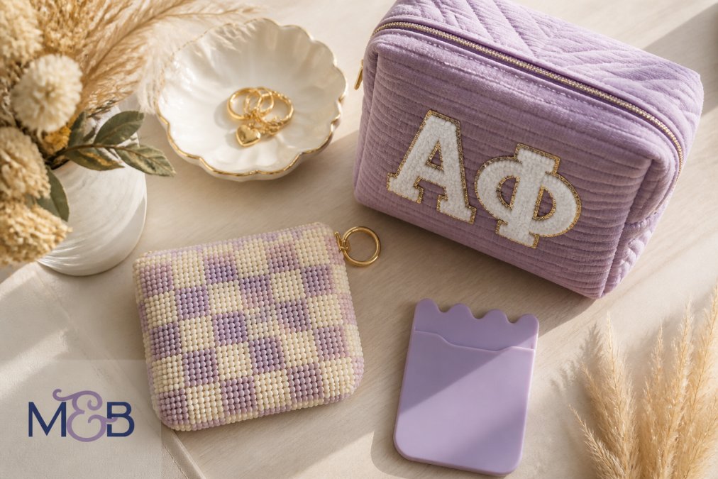 Handcrafted beaded coin purse, chenille letter bag, and phone wallet arranged as stylish sorority gift ideas.