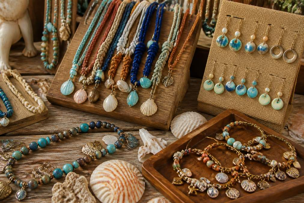 Close-up of colorful handcrafted jewelry display including knotted necklaces, ceramic earrings, and charm bracelets arranged on a wooden coastal-themed surface with seashells and sand
