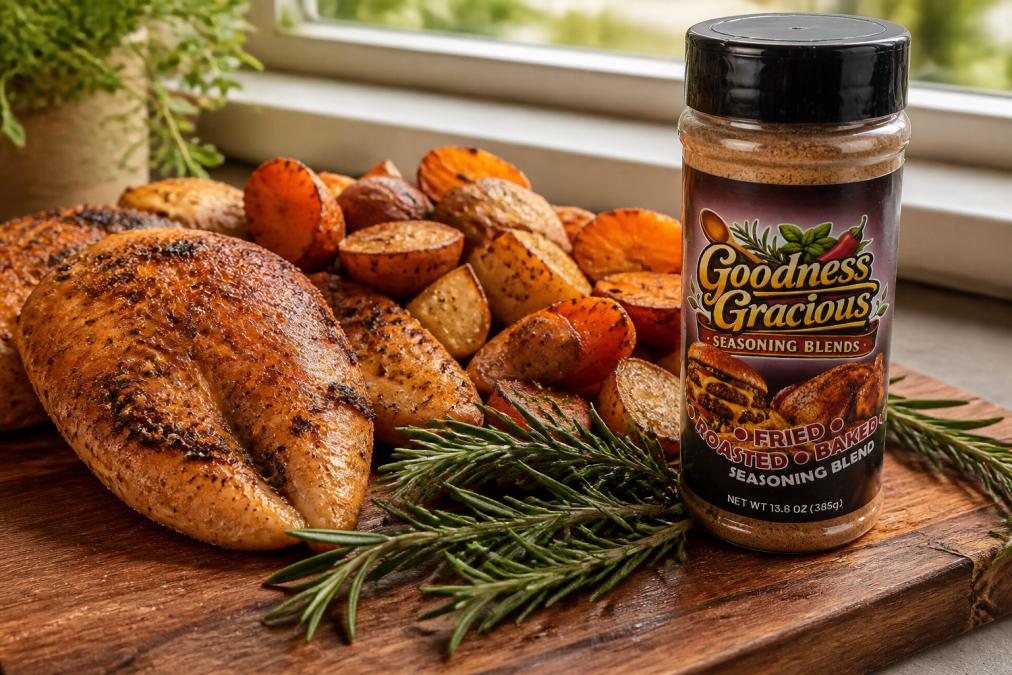 Close-up of seasoned chicken breasts and roasted root vegetables on a wooden cutting board, with a glass jar of Fried*Roasted*Baked spice blend positioned beside fresh rosemary sprigs in natural window lighting