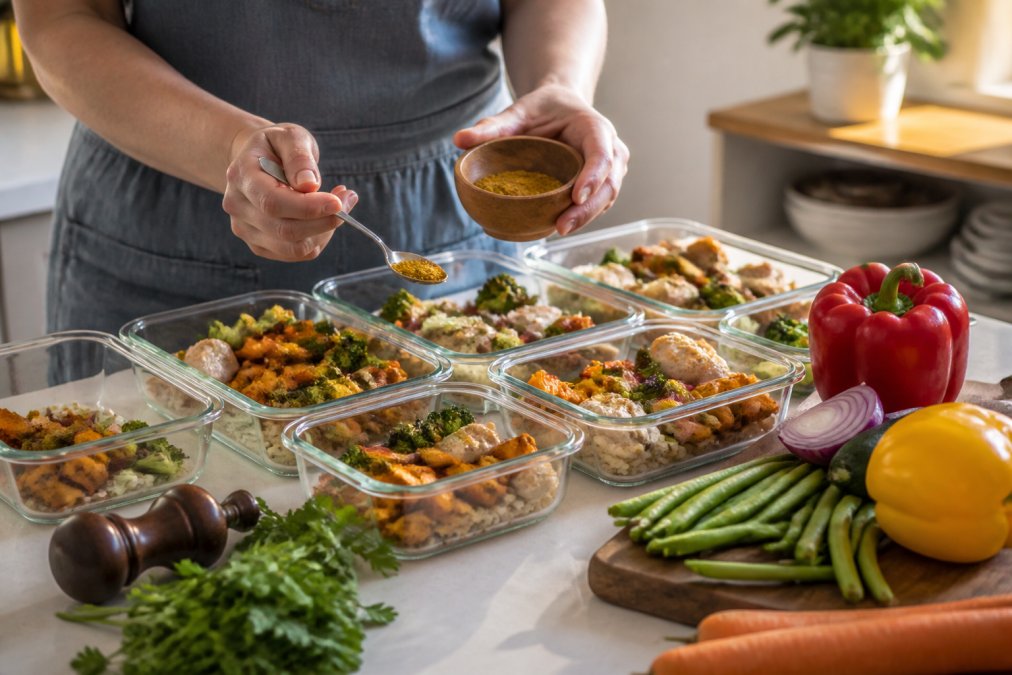 Home cook's hands measuring a golden spice blend into clear glass meal prep containers lined up on a white countertop, with fresh herbs and whole vegetables scattered nearby in soft afternoon light