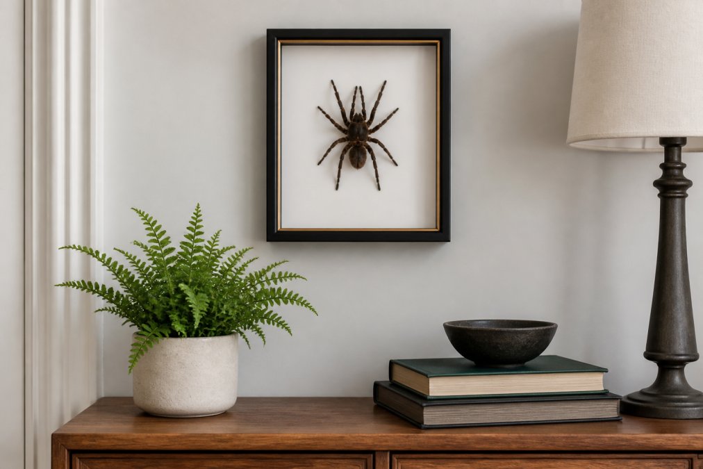 A framed spider specimen displayed on a light grey wall above a walnut console table, styled with a small potted fern and a stack of hardcover books for a modern naturalist home decor look