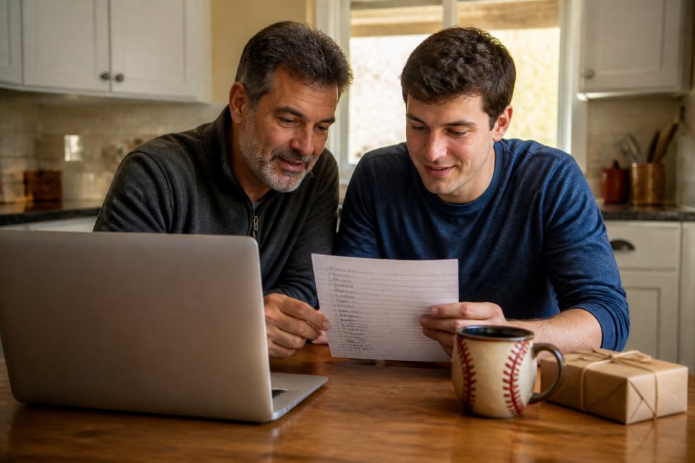 Flowchart for finding unique sports gifts for dad while budgeting at a kitchen table with a laptop and gift list