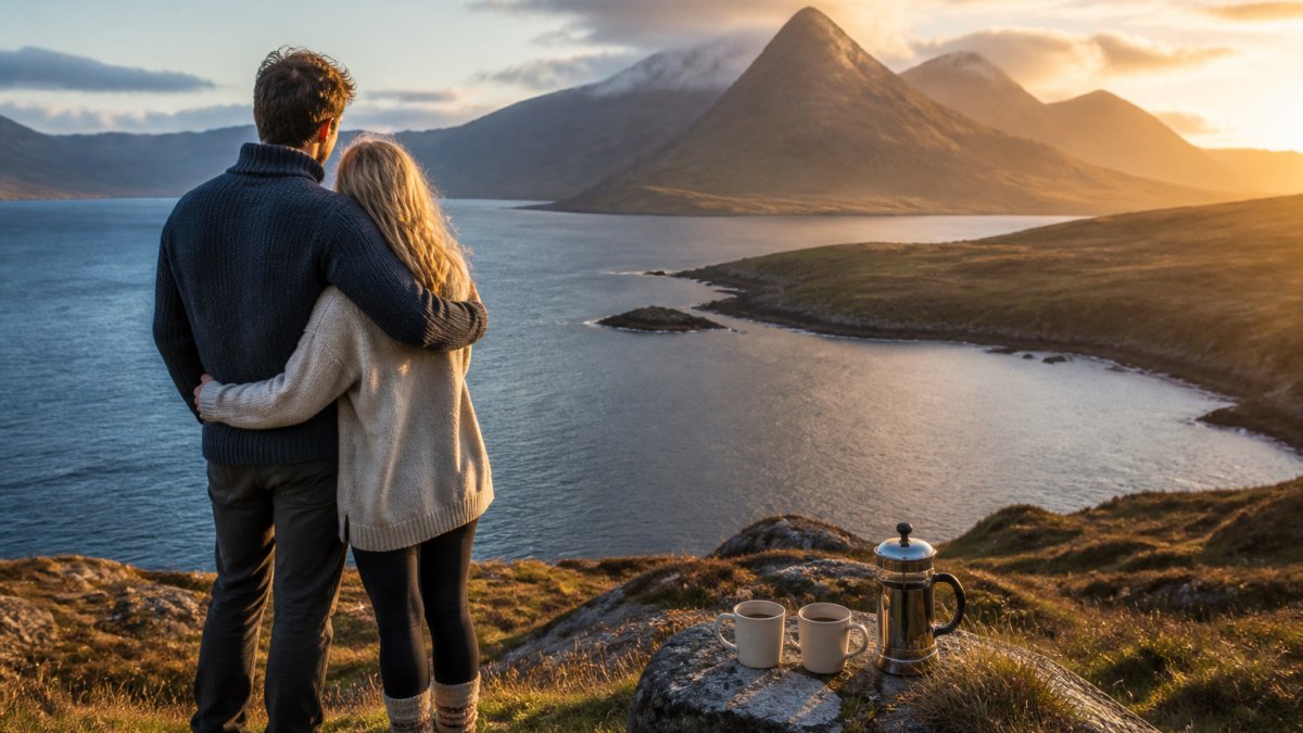 A couple standing on a windswept coastal cliff overlooking deep blue loch waters with distant mountain peaks rising through mist, dramatic Highland landscape bathed in golden evening light