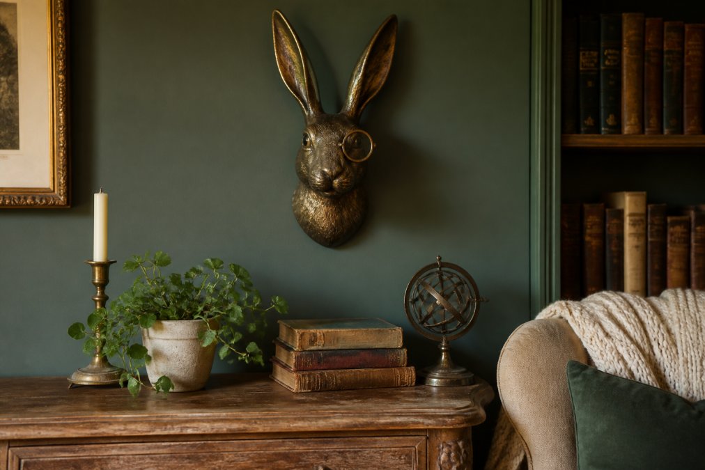 A styled living room corner featuring a bronzed aluminum hare wall mount with a monocle above a wooden console table with vintage books and a small potted plant