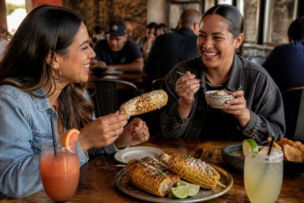 Grilled Mexican street corn topped with cotija, crema, and chili as one of our unique taco bar side dish recipes.