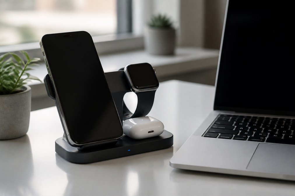 A clean, modern desk setup featuring a three-in-one wireless charging station holding a smartphone and earbuds next to a laptop, with soft natural light from a nearby window