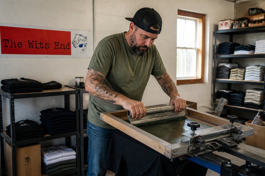 A veteran shop owner in a small studio hand-screening a graphic t-shirt, surrounded by folded apparel and retro tech posters, warm natural light