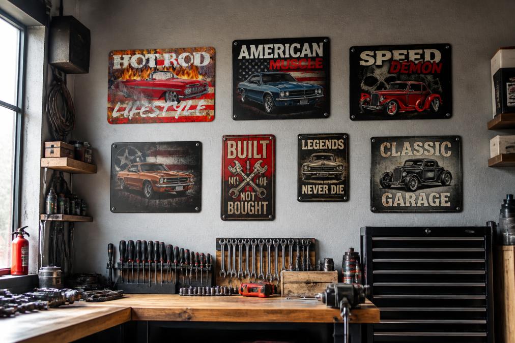 A well-organized garage wall featuring multiple vintage car signs arranged at eye level, including hot rod and muscle car designs in various sizes, with proper spacing between each piece and visible mounting hardware, showing a cohesive automotive-themed display with natural lighting