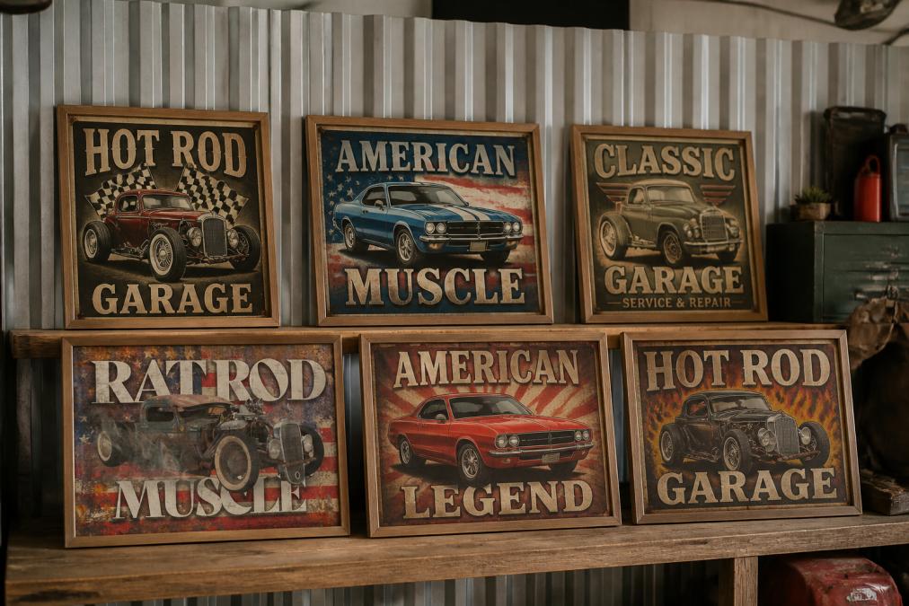 A curated collection of framed vintage car sign designs displayed together on a shelf, showing variety in styles from hot rods to classic muscle cars with different color schemes and era-specific designs, arranged to suggest gift-giving presentation with natural lighting