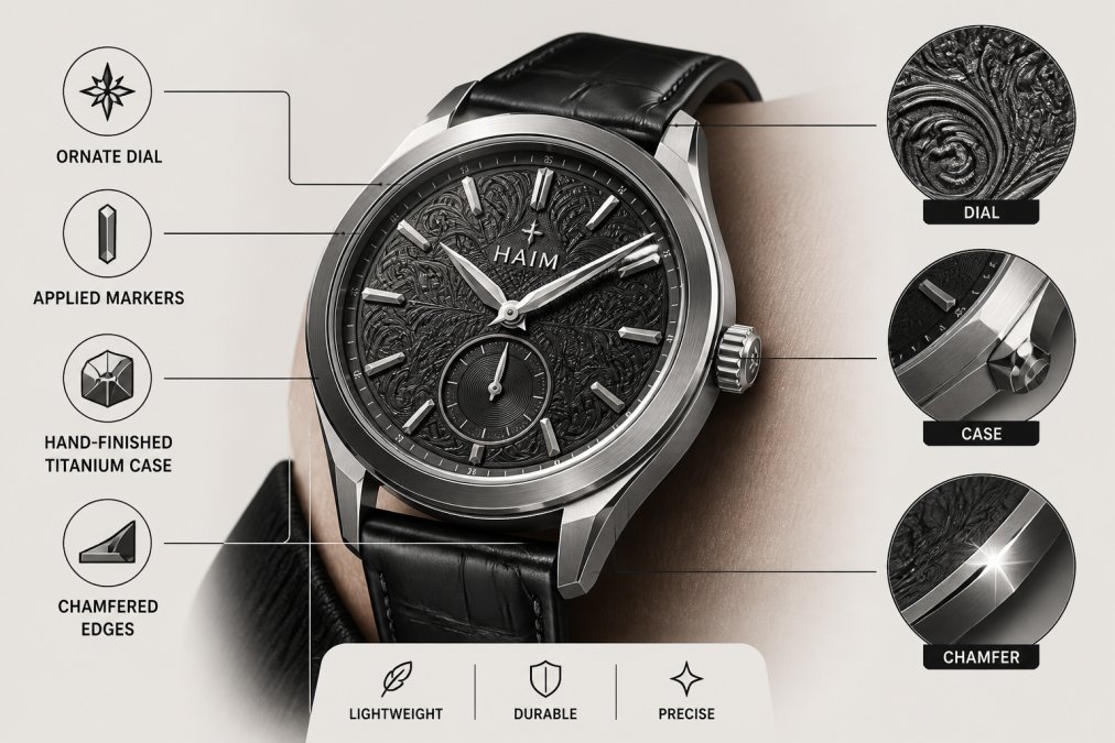 Close-up of a luxury watch wrist shot showing ornate dial details with applied markers, hand-finished titanium case, and chamfered edges catching natural light