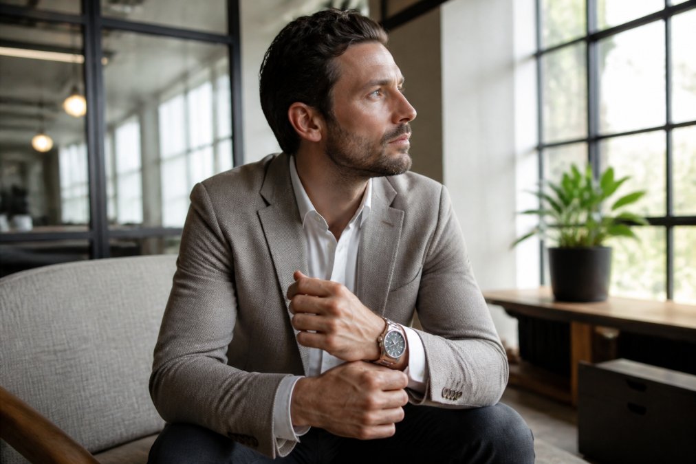 Professional in contemporary business casual attire wearing a refined titanium watch in a modern office setting with natural window lighting