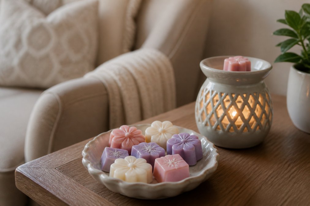 A close-up of colorful, hand-poured wax melts in decorative shapes like flowers and geometric cubes arranged in a small ceramic dish on a wooden side table, with a lit wax warmer glowing softly in the background of a cozy living room