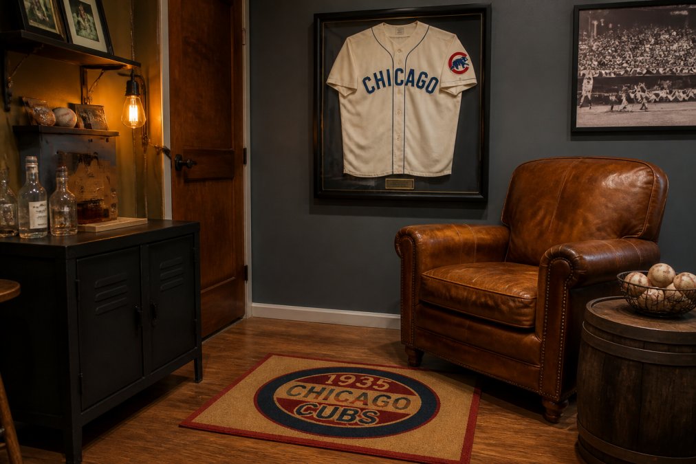 A cozy man cave corner with a framed vintage baseball jersey on the wall, a worn leather chair, and a 1935 Chicago Cubs coir doormat on the hardwood floor, lit by a warm Edison bulb lamp
