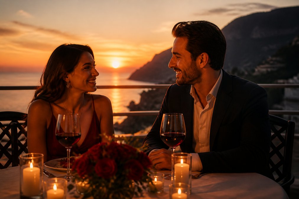 A couple sharing an intimate dinner at a candlelit table overlooking a scenic landscape at sunset, with wine glasses and romantic ambiance, both smiling and looking at each other