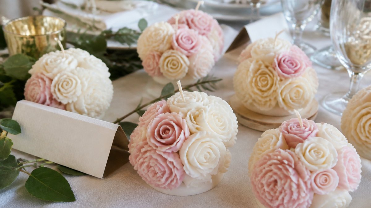 Close-up of elegant handcrafted soy wax peony and rose bouquet candles arranged on a decorated wedding reception table, soft natural light, place cards and greenery nearby
