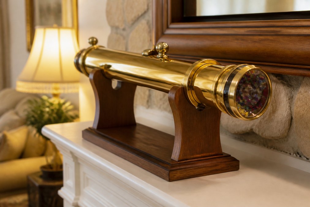 Close-up of a handcrafted brass wedding kaleidoscope on a wooden stand, displayed on a mantelpiece in a warmly lit living room, with soft reflections on the polished metal surface