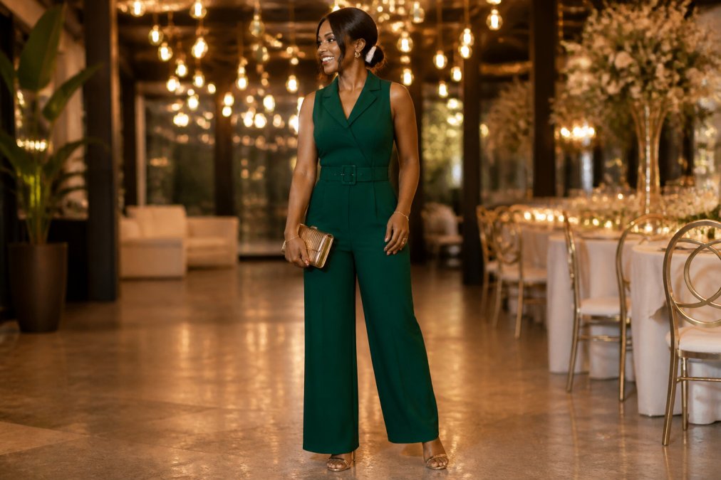 A woman in a tailored wide-leg jumpsuit in a deep emerald fabric with a belted waist, wearing strappy heeled sandals and holding a structured metallic clutch, posed in warm ambient light against a softly decorated event hall background
