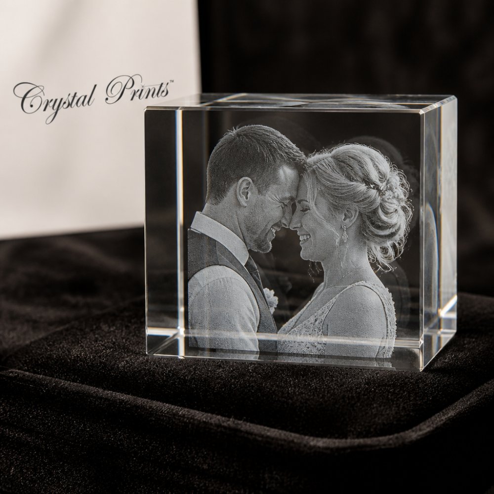 Close-up of a beautifully engraved crystal keepsake on dark velvet surface, showing fine detail of laser-engraved wedding photo with soft lighting highlighting the depth and clarity of the image within the crystal