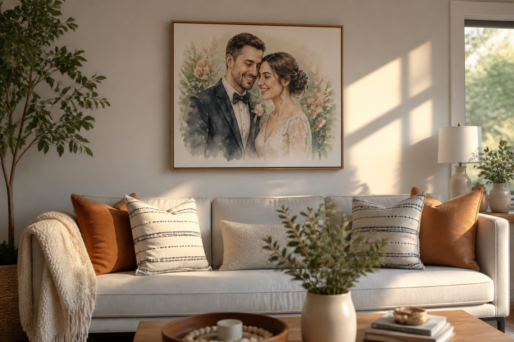 Custom wedding portrait hanging above a living room sofa, showing a couple's painted likeness in soft watercolor tones with warm golden-hour lighting streaming through windows, modern home setting