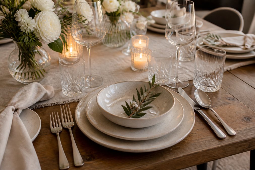 Elegantly styled table setting with premium stainless steel flatware, handcrafted stoneware plates in neutral tones, and crystal glassware arranged for an intimate dinner, fresh white flowers and soft candlelight creating warm ambiance