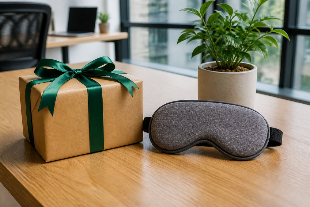A bright modern office desk with a wrapped wellness gift box, a heated eye mask resting beside a small potted plant, soft natural daylight from a window