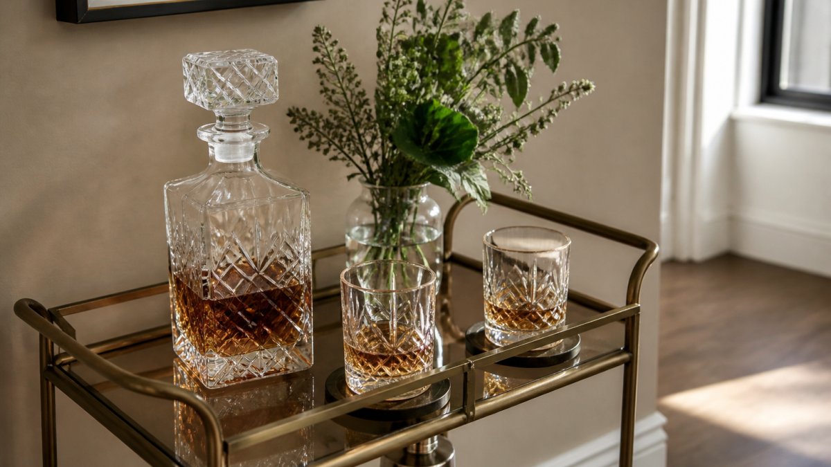 A styled home bar cart with a crystal whiskey decanter set, two glasses, and a small vase of greenery, placed against a warm neutral wall with soft natural light