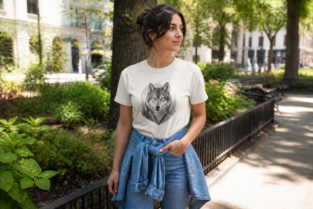 Woman in a minimalist wolf aesthetic apparel tee and jeans standing in a sunlit urban park.