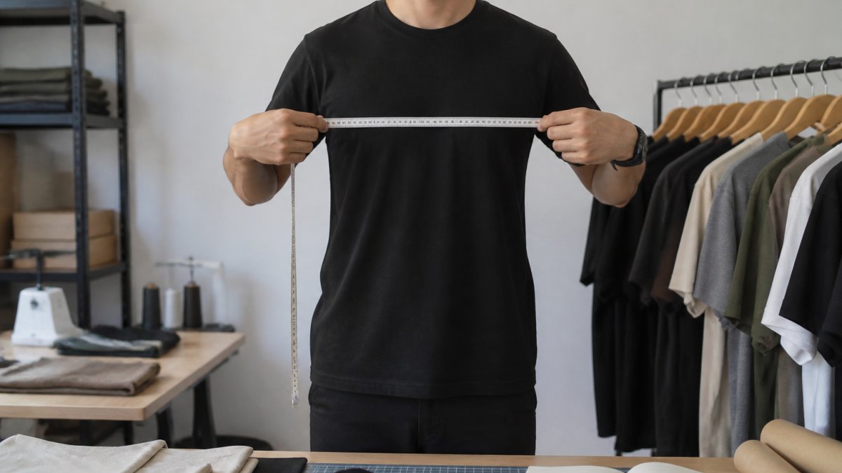 Person wearing a fitted unisex tee demonstrating proper measurement technique with a soft measuring tape placed across the chest, with a neutral background and clear visibility of the measurement process