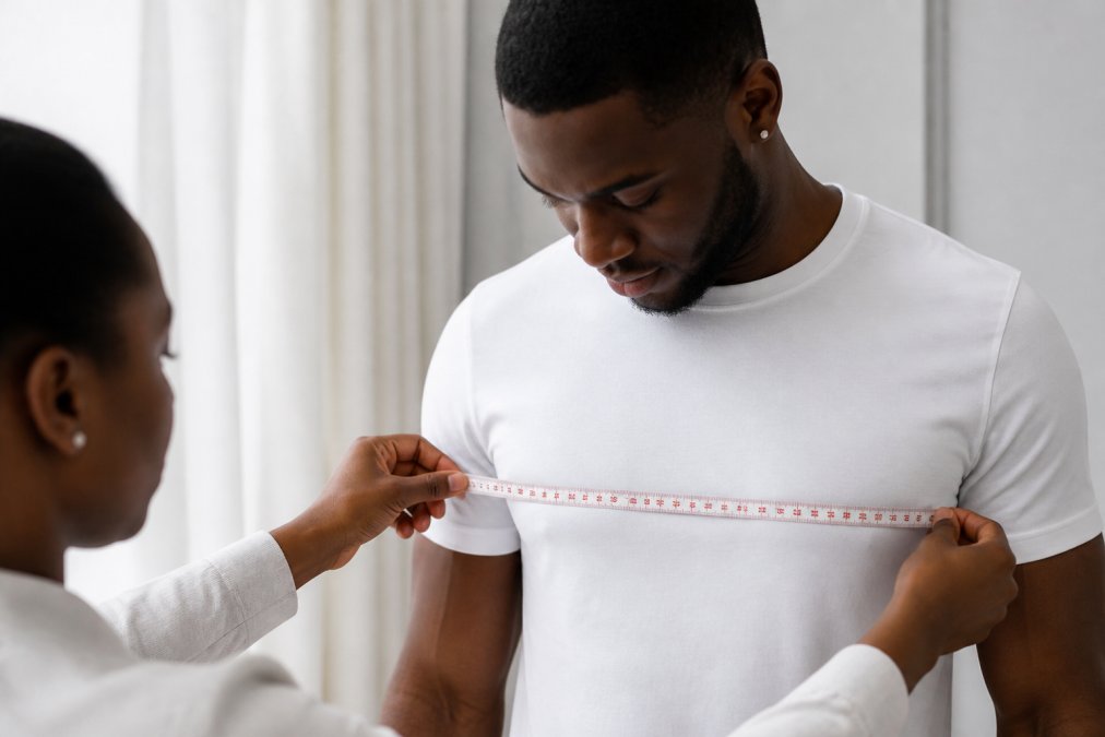Person wearing a fitted white t-shirt with a cloth tape measure positioned horizontally across their chest, demonstrating proper measurement technique in natural lighting