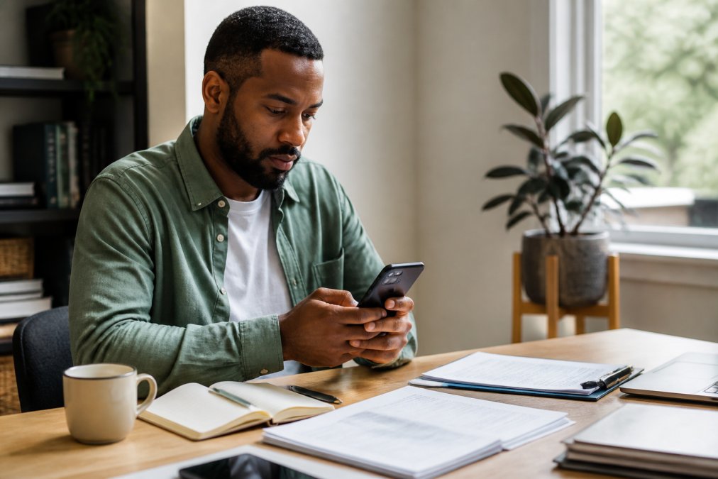 Person using smartphone to submit an insurance claim online, sitting at a clean desk with organized documents and a calm, focused expression