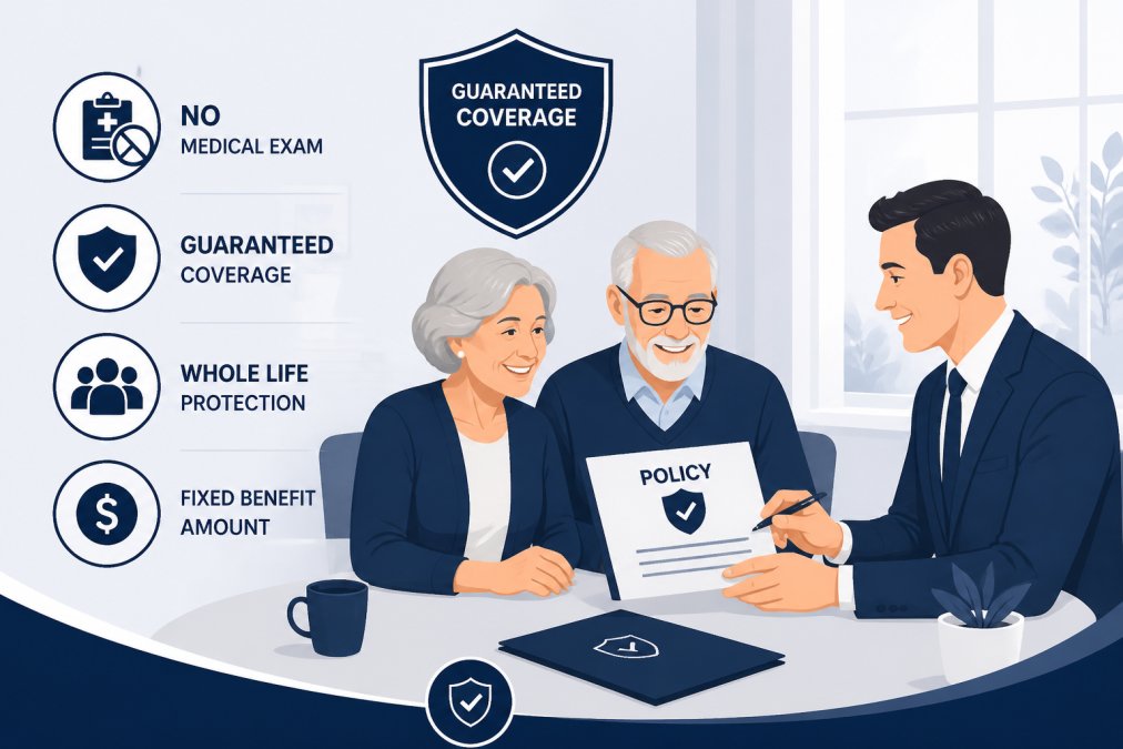 Senior couple sitting at dining table with insurance agent, reviewing policy documents together and smiling with relief, warm natural lighting from window