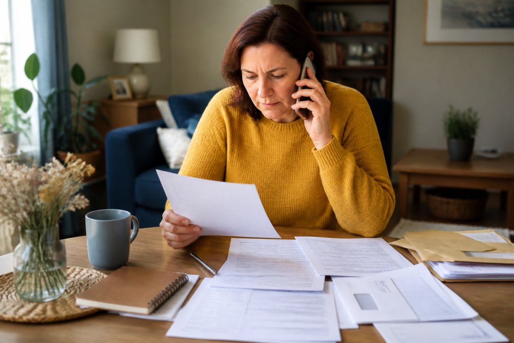 Person at home office desk with insurance claim forms, phone, and documents spread out, preparing to file life insurance beneficiary claim with focused concentration
