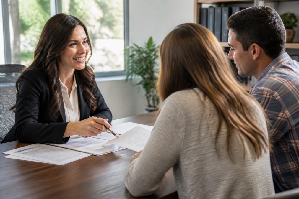 Professional insurance agent at a modern desk meeting with a client, reviewing policy documents and discussing coverage options in a bright, contemporary office setting