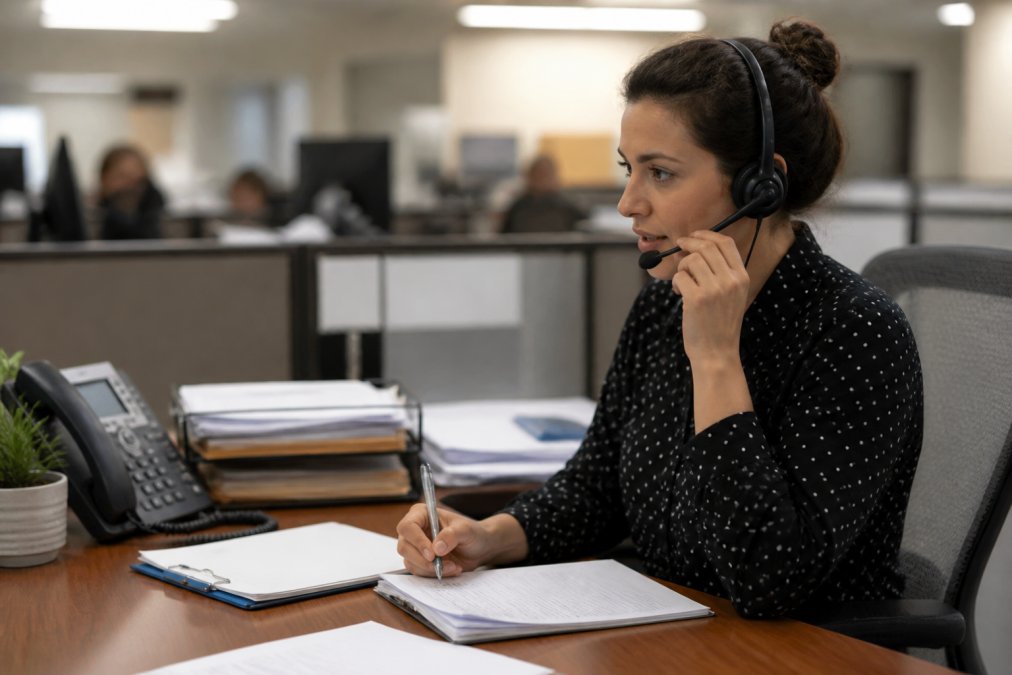 Customer service representative on a phone call, taking detailed notes while assisting a policyholder with claim information in a professional call center environment