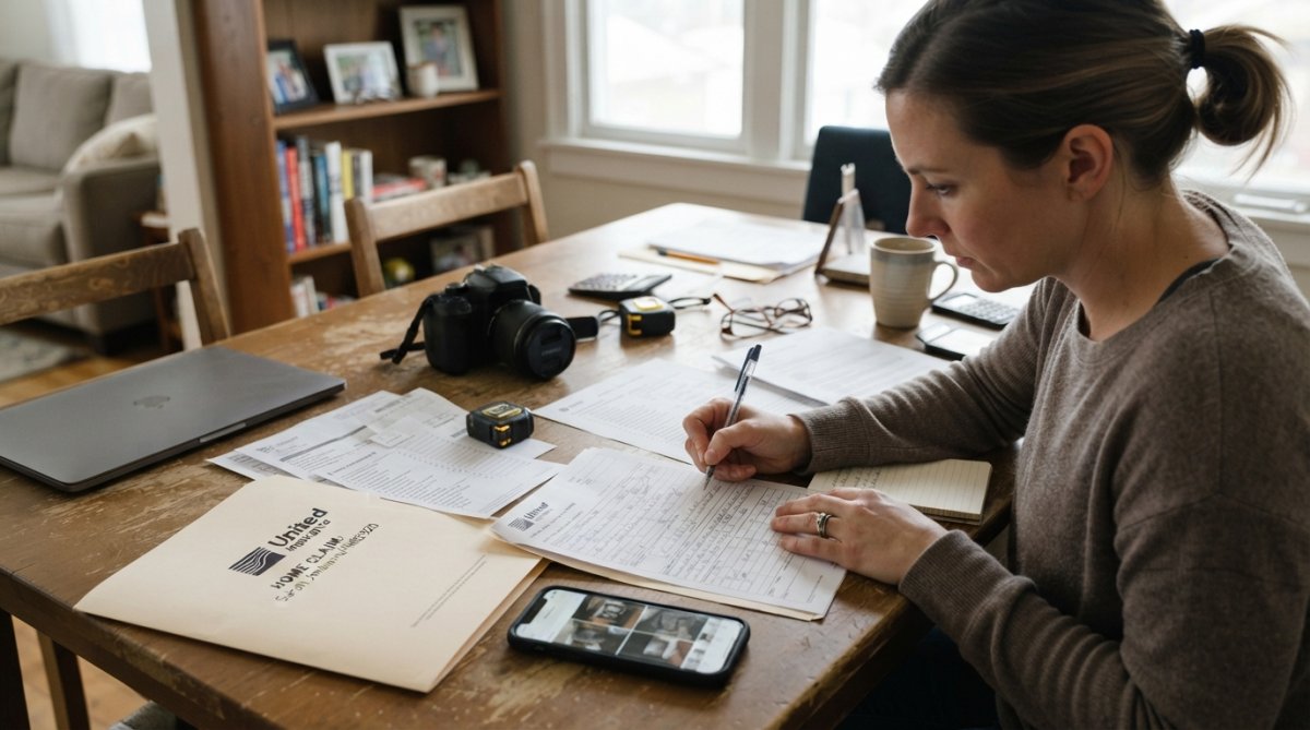 Insurance agent sitting at desk reviewing claim documents with customer, both examining paperwork and computer screen in professional office setting with natural lighting