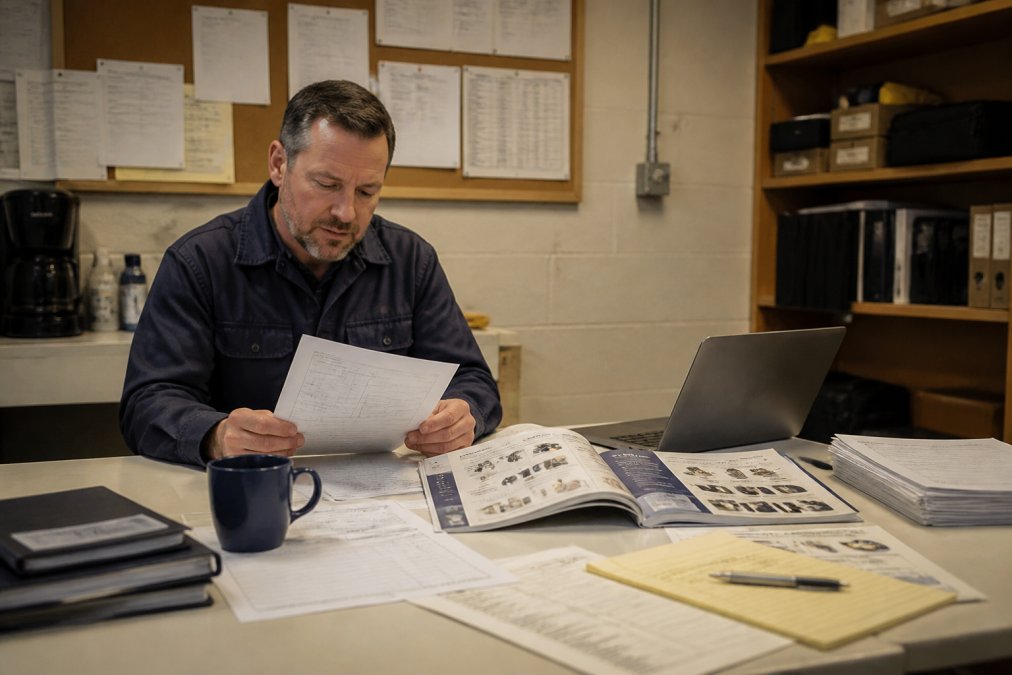 A facilities manager in a hotel maintenance office reviewing printed supply vendor catalogs and invoices on a desk beside a laptop and a mug of coffee, warm overhead lighting