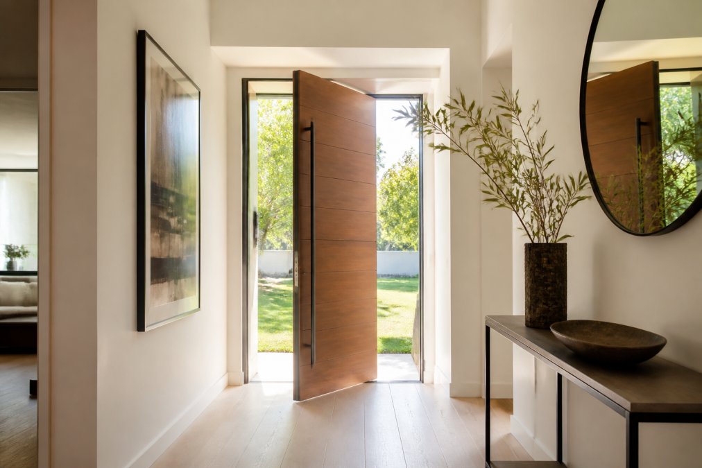 Minimalist hallway featuring a sleek pivot door as one of the best united porte alternatives for modern homes