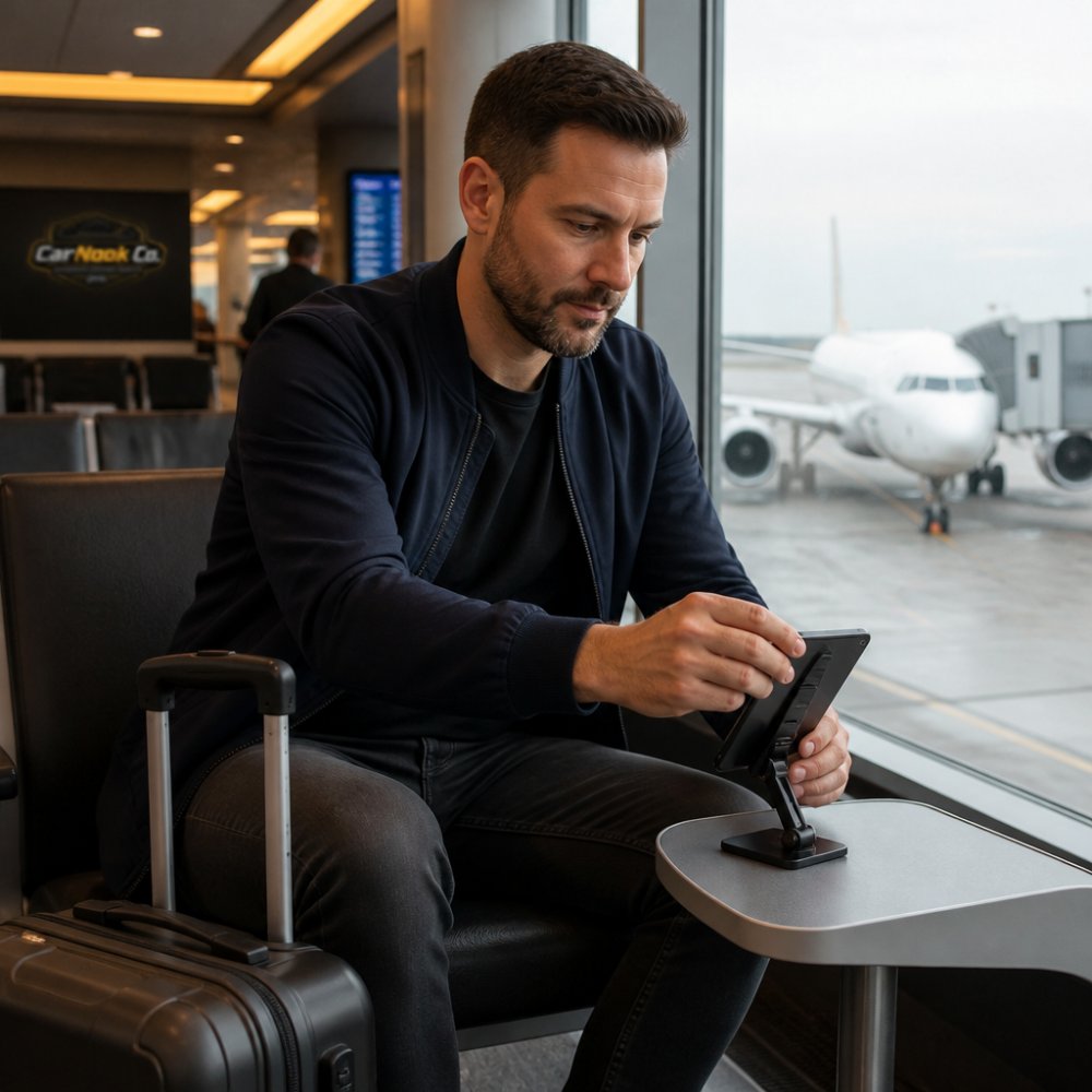 A traveler in an airport gate area adjusting a small folding phone stand on a laminate side table, carry-on bag at their feet, warm overhead lighting