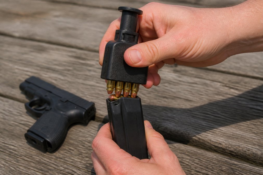 Close-up of hands pressing a cartridge into a pistol magazine using a polymer speed loader on a wooden range bench, bright daylight