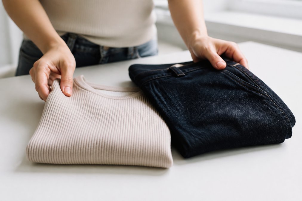 Close-up of hands comparing two folded garments on a clean white table, one soft ribbed knit top and one pair of dark denim jeans, natural window light, no text or labels visible