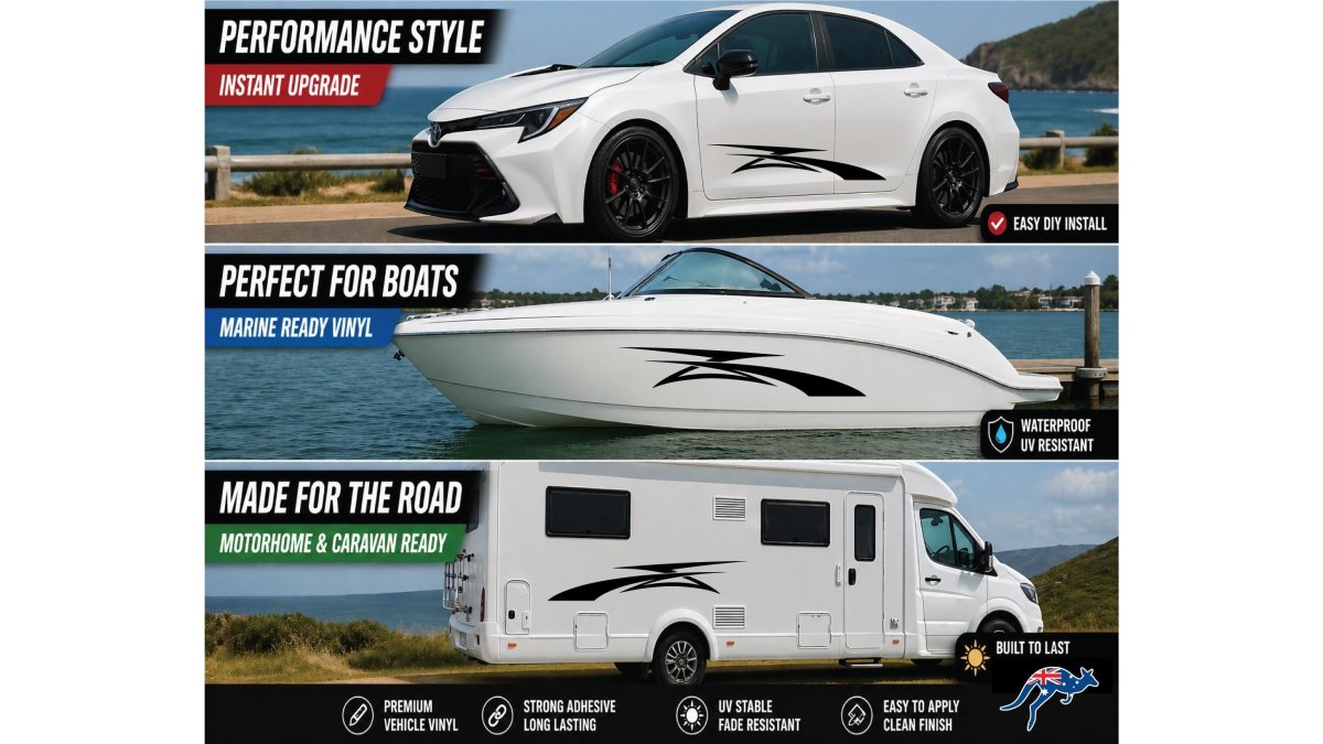 Universal Vehicle Racing Stripe Decal Kit – Car, Boat, Motorhome, Caravan Vinyl Graphics – Computer Cut No Background