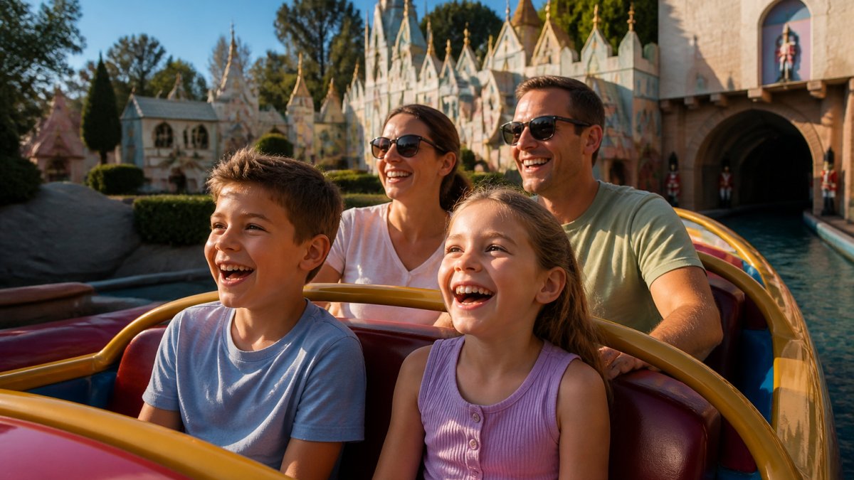 Family of four enjoying a theme park together, with children laughing on a gentle dark ride through a whimsical castle scene, natural afternoon sunlight visible through the park's landscape