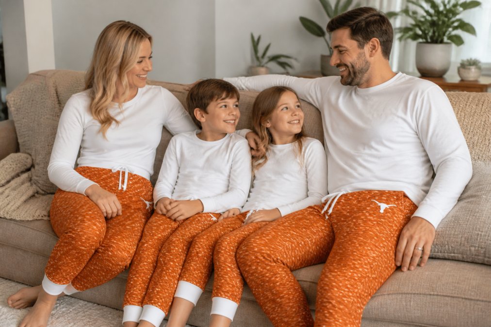 Family of four wearing coordinated University of Texas-inspired joggers and long sleeve tops in warm home setting, relaxed on couch showing comfort and proper fit across different body types and sizes