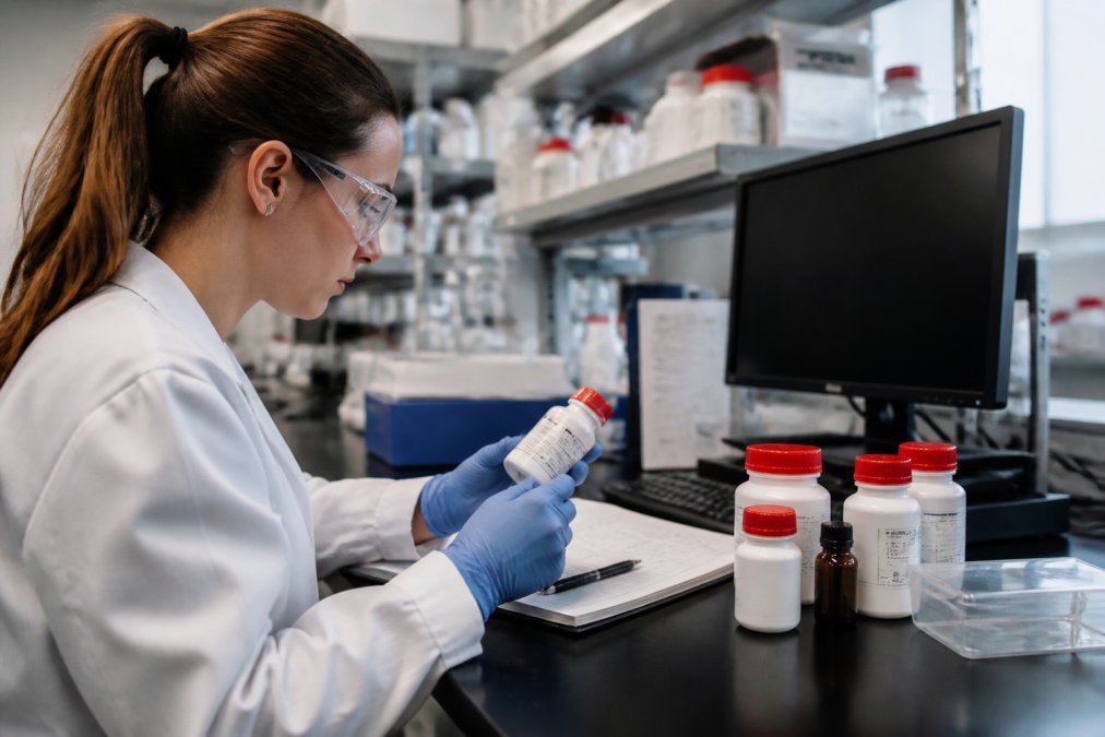 Laboratory technician reviewing documentation and lot numbers on compound containers, with a notebook and computer visible showing procurement records in a well-organized research facility